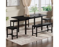 Eettafelset (met eettafel, 4 stoelen), inklapbare eettafel, 160 /120x 70 x 75 cm, biedt plaats aan 6 personen, uitschuifbare eettafel, multifunctionele uitschuifbare eettafel, eetkamerstoelen, zwart
