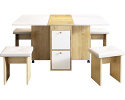 Eettafelset (met eettafel, 4 stoelen), opvouwbare eettafel, 120*80*75cm, uitschuifbare eettafel, multifunctionele uitschuifbare eettafel, eetkamerstoelen, wit + eiken
