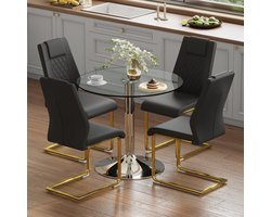 Eettafelset met stoelen: Moderne minimalistische eettafel van veiligheidsglas met een diameter van 85 cm, gecombineerd met 4 zwarte PU-eetkamerstoelen met goudkleurige metalen poten.