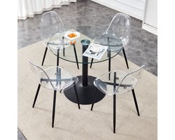 Eettafelset met stoelen. Moderne ronde eettafel met een diameter van 85 cm, gemaakt van gehard glas, gecombineerd met 4 transparante kunststof eetkamerstoelen. Geschikt voor eetkamers, keukens en andere ruimtes.