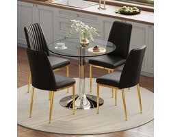 Eettafelset: Moderne minimalistische eettafel van veiligheidsglas met een diameter van 85 cm, gecombineerd met 4 zwarte eetkamerstoelen van hoogwaardig kunstleer, voor woonkamer, eetkamer en keuken.