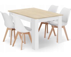 Eettafelset NP 120x80 Eiken Sonoma Kleur met Witte Poten + 4 Stoelen MARK Wit met Beukenhouten Poten, Modern Design, Geschikt voor Keuken, Eetkamer en Woonkamer