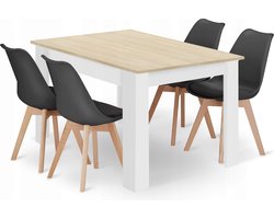 Eettafelset NP 120x80 Eiken Sonoma Kleur met Witte Poten + 4 Stoelen MARK Zwart met Beukenhouten Poten, Modern Design, Geschikt voor Keuken, Eetkamer en Woonkamer