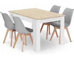 Eettafelset NP 120x80 Eiken Sonoma met Witte Poten + 4 Stoelen MARK Grijs met Beukenhouten Poten, Modern Design, Geschikt voor Keuken, Eetkamer en Woonkamer