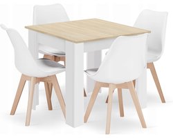Eettafelset NP 80x80 Eiken Sonoma Kleur met Witte Poten + 4 Stoelen MARK Wit met Beukenhouten Poten, Modern Design, Geschikt voor Keuken, Eetkamer en Woonkamer