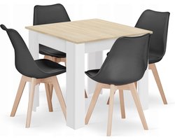 Eettafelset NP 80x80 Eiken Sonoma Kleur met Witte Poten + 4 Stoelen MARK Zwart met Beukenhouten Poten, Modern Design, Geschikt voor Keuken, Eetkamer en Woonkamer