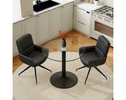 Eettafelset: Ronde eettafel van gehard glas met een lichte, luxe uitstraling, ondersteund door een zwart onderstel, gecombineerd met 2 zwarte, draaibare eetkamerstoelen van PU-leer.