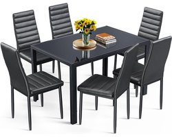 Eettafelset – Tafel En Stoelen – Dinerset – Eetkamerset – Zwarte 7-Delige Set – Gehard Glazen Tafelblad – Comfortabele Zachte Stoelen