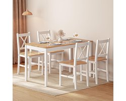 Eettafelset van 5 stuks met rechthoekige tafel 108 x 65 x 73 cm en 4 stoelen - Moderne witte en teakhouten keuken- en eetkamermeubelen - Stabiele constructie van grenenhout voor thuis, in de woonkamer of in kleine restaurants - Meda Home Store