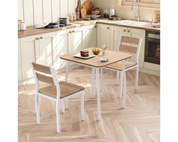 Eettafelset voor 2 personen – Landelijke 3-delige keukenset met houten stoelen & uniek metalen frame – Wit – Ideaal voor kleine ruimtes, appartementen & keukens