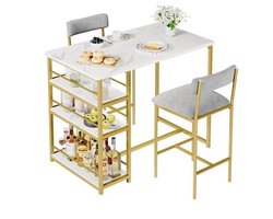 Eettafelsetje 2 Personen – Bartafel Set – Barkrukken Gestoffeerd – Keukentafel Compact – Appartement Meubilair – Opbergruimte 3 Planken – Metaal MDF Coating