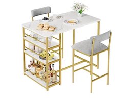 Eettafelsetje 2 Personen – Bartafel Set – Barkrukken Gestoffeerd – Keukentafel Compact – Appartement Meubilair – Opbergruimte 3 Planken – Metaal MDF Coating