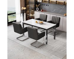 Eettafelstoel - Set van 4 - Keukenstoel - Stoelenset - Eetkamerstoelen met verticale strepen - Gestoffeerde fauteuil met zigzag metalen poten - Loungestoel - Woonkamerstoel - Kunstleer - Zwart