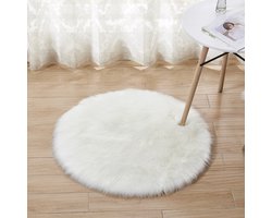 Effen imitatiewolvloerkleed, rond, machinewasbaar, imitatiebont lang pluche, 60 cm diameter (wit), geschikt voor woonkamer, slaapkamer en balkon.