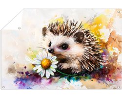 Egel met margriet bloem - Egel tuinposter - Tuinschilderij bloem - Aquarel - Tuin accessoires - Buitenposter waterdicht - tuinposter 45x30 cm