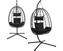 Egg Chair Hangstoel met Standaard – Ei vormige Stoel - Schommelstoel voor Tuin en Balkon – Metalen Frame – Inclusief Zitkussen en Hoofdsteun – Belastbaar tot 150 kg - Zwart
