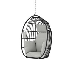 Egg Hangstoel – Hangstoel met standaard – Voor Binnen en Buiten – Incl. Kussen, bekerhouder, rugkussen – Egg Chair – Cocoon – Ei Stoel – tot 120kg - Donkergrijs