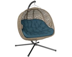 Egg Hangstoel met Standaard & Afneembaar en Wasbaar Kussen - Egg Chair voor 2 Personen - Stalen Frame - Opvouwbare Hangschommel - Schommelstoel - Tuinstoel - tot 240 kg - voor Binnen / Buiten - voor Tuin, Terras, Balkon - Zand + Zwart