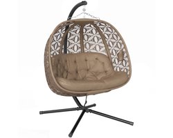 Egg Hangstoel met Standaard, Bekerhouder & Kussen - Egg Chair voor 2 Personen - Stalen Frame - Opvouwbare Hangschommel - Schommelstoel - Tuinstoel - tot 240 kg - voor Binnen / Buiten - voor Tuin, Terras, Balkon - Zand + Zwart