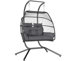 Egg Hangstoel met Standaard & Kussen - Egg Chair voor 2 Personen - Stalen Frame - Opvouwbare Hangschommel - Schommelstoel - Tuinstoel - tot 260 kg - voor Binnen / Buiten - voor Tuin, Terras, Balkon - Donkergrijs