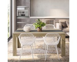 EGGREE 4-delige eetkamerset - tafel- en stoelenset voor 4 personen - inclusief stoelen met armleuningen - geschikt voor keuken - eetkamer of woonkamer (tafel van 160 x 80 x 75 cm + 6 Witte eetkamerstoelen)
