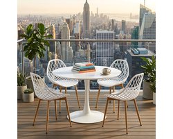 EGGREE Balkonmeubelset voor kleine balkons - ronde eettafel met 4 stoelen - tuinstoelen voor tuin - terras - balkon - Wit tafel (Ø 100 cm) + 4 wit stoelen