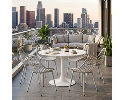 EGGREE Balkonmeubelset voor kleine balkons - ronde eettafel met 4 stoelen - tuinstoelen voor tuin - terras - balkon - Wit tafel (Ø 100 cm) + 6 grijs stoelen