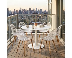 EGGREE Balkonmeubelset voor kleine balkons - ronde eettafel met 4 stoelen - tuinstoelen voor tuin - terras - balkon - Wit tafel (Ø 100 cm) + 6 wit stoelen