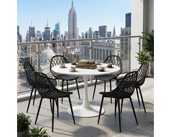 EGGREE Balkonmeubelset voor kleine balkons - ronde eettafel met 4 stoelen - tuinstoelen voor tuin - terras - balkon - Wit tafel (Ø 100 cm) + 6 zwarte stoelen