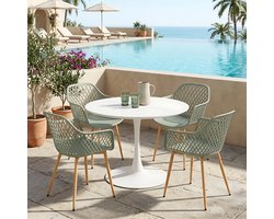 EGGREE Balkonmeubilair voor kleine balkons - tuinmeubelset - weerbestendig terrasmeubilair voor tuin - terras - balkon - wit tafel (Ø 100 cm) + 4 grijsgroen fauteuils