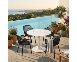 EGGREE Balkonmeubilair voor kleine balkons - tuinmeubelset - weerbestendig terrasmeubilair voor tuin - terras - balkon - wit tafel (Ø 100 cm) + 4 zwarte fauteuils