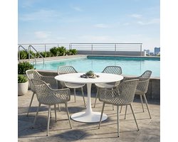 EGGREE Balkonmeubilair voor kleine balkons - tuinmeubelset - weerbestendig terrasmeubilair voor tuin - terras - balkon - wit tafel (Ø 100 cm) + 6 grijs fauteuils