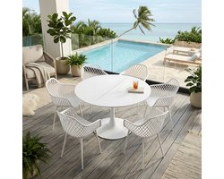 EGGREE Balkonmeubilair voor kleine balkons - tuinmeubelset - weerbestendig terrasmeubilair voor tuin - terras - balkon - wit tafel (Ø 100 cm) + 6 wit fauteuils