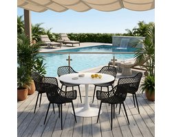 EGGREE Balkonmeubilair voor kleine balkons - tuinmeubelset - weerbestendig terrasmeubilair voor tuin - terras - balkon - wit tafel (Ø 100 cm) + 6 zwarte fauteuils