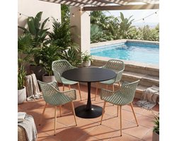 EGGREE Balkonmeubilair voor kleine balkons - tuinmeubelset - weerbestendig terrasmeubilair voor tuin - terras - balkon - zwarte tafel (Ø 100 cm) + 4 grijsgroen fauteuils