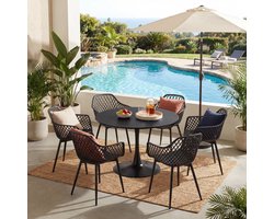 EGGREE Balkonmeubilair voor kleine balkons - tuinmeubelset - weerbestendig terrasmeubilair voor tuin - terras - balkon - zwarte tafel (Ø 100 cm) + 6 zwarte fauteuils