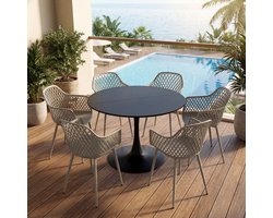 EGGREE Balkonmeubilair voor kleine balkons - tuinmeubelset - weerbestendig terrasmeubilair voor tuin - terras - balkon - zwarte tafel (Ø 100 cm) + 6 grijs fauteuils