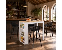 EGGREE Bartafel met barkrukken - Licht eiken + 4 zwarte barkrukken | Eetkamerset met tafel en 4 stoelen - bartafel met opbergruimte voor keukens - eetkamers en bars