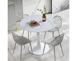 EGGREE eethoek - eettafel met 4 grijze stoelen - tafel Ø 80 cm - voor bar, café en eetkamer - marmeren tafel