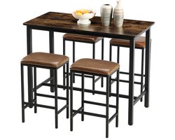 EGGREE Eettafel en stoel in industriële stijl - set van 5 gestoffeerde kussens - bartafel met 4 stoelen - barkast - barkruk - set voor keuken - woonkamer - eetkamer - taverne, stalen frame, vintage