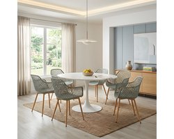 EGGREE eettafel en stoelen set - tafel met een diameter van 100 cm en 6 grijsachtig groen stoelen - geschikt voor bar - keukeneiland -café en eetkamer.