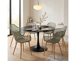 EGGREE eettafel en stoelen set - tafel met een diameter van 100 cm en 6 grijsachtig groen stoelen - geschikt voor bar - kookeiland - café en eetkamer.