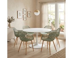 EGGREE eettafel en stoelen set - tafel met een diameter van 120 cm en 6 grijsachtig groen stoelen - geschikt voor bar - keukeneiland -café en eetkamer.