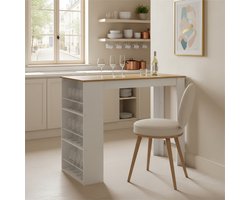 EGGREE Keukeneiland / Bartafel met 3 opbergplanken - Hoge tafel voor eetkamer - woonkamer en keuken - 112 × 57 × 106 cm - Wit + Donker eiken