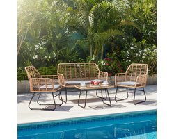 EGGREE Tuinset voor 4 personen - rotan fauteuil - tuintafel en -stoelen - inclusief 2-zitsbank + 2 fauteuils + 1 tuintafel -afneembare kussens