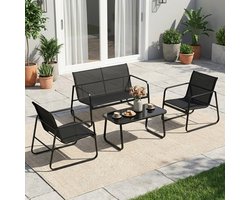 EGGREE Tuinset voor buiten voor 4 personen - draagvermogen 110 kg - voor terras - tuin en buiten - zwart - 4-delig -1 tafel + 1 bank + 2 fauteuils