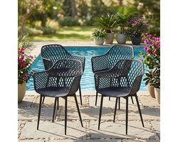 EGGREE Tuinstoelen voor buiten - set van 4 - kunststof stoelen met armleuningen en metalen poten - tuinstoelen voor buiten voor het terras - balkon - eetkamer en woonkamer - rugleuning met opengewerkt ontwerp - zwart