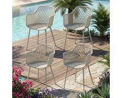 EGGREE Tuinstoelen voor buiten - set van 4 - kunststof stoelen met armleuningen en metalen poten - tuinstoelen voor buiten voor het terras - balkon - eetkamer en woonkamer - rugleuning met opengewerkt ontwerp - grijs