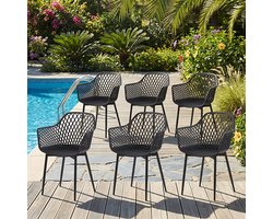 EGGREE Tuinstoelen voor buiten - set van 6 - kunststof stoelen met armleuningen en metalen poten - tuinstoelen voor buiten voor het terras - balkon - eetkamer en woonkamer - rugleuning met opengewerkt ontwerp - zwart