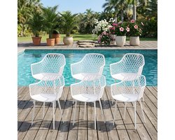 EGGREE Tuinstoelen voor buiten - set van 6 - kunststof stoelen met armleuningen en metalen poten - tuinstoelen voor buiten voor het terras - balkon - eetkamer en woonkamer - rugleuning met opengewerkt ontwerp - wit